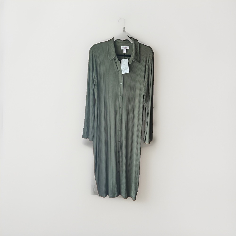 Isabel by Ingrid & Isabel Maternity Ribbed Button Down Shirt Dress Olive XXL NWT